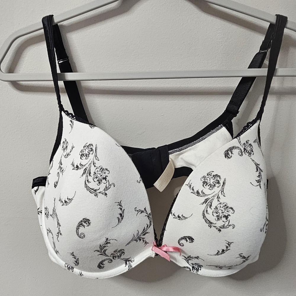 Cacique Black and White Floral Bra with Pink Accent